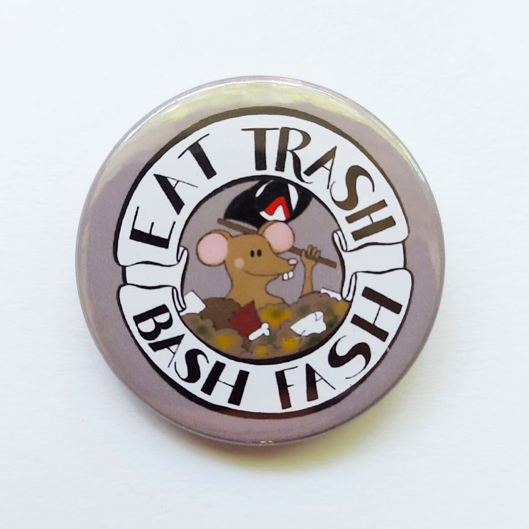 Medium badge grey background cartoon rat Eat Trash Bash Fash