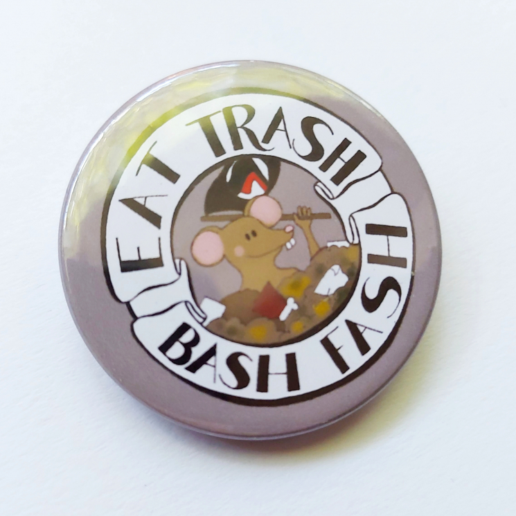 Medium badge grey background cartoon rat Eat Trash Bash Fash