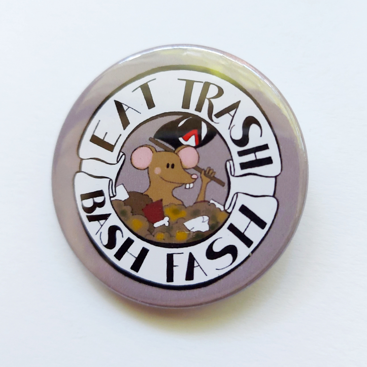 Medium badge grey background cartoon rat Eat Trash Bash Fash