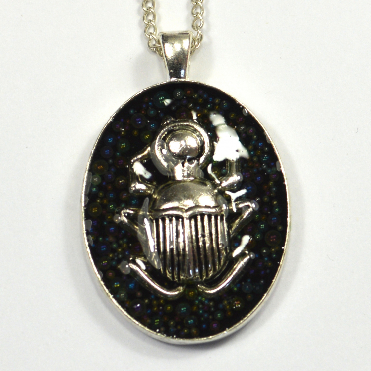 Scarab Egypt Silver Caviar Bead Iridescent Bubble Handmade Pendant