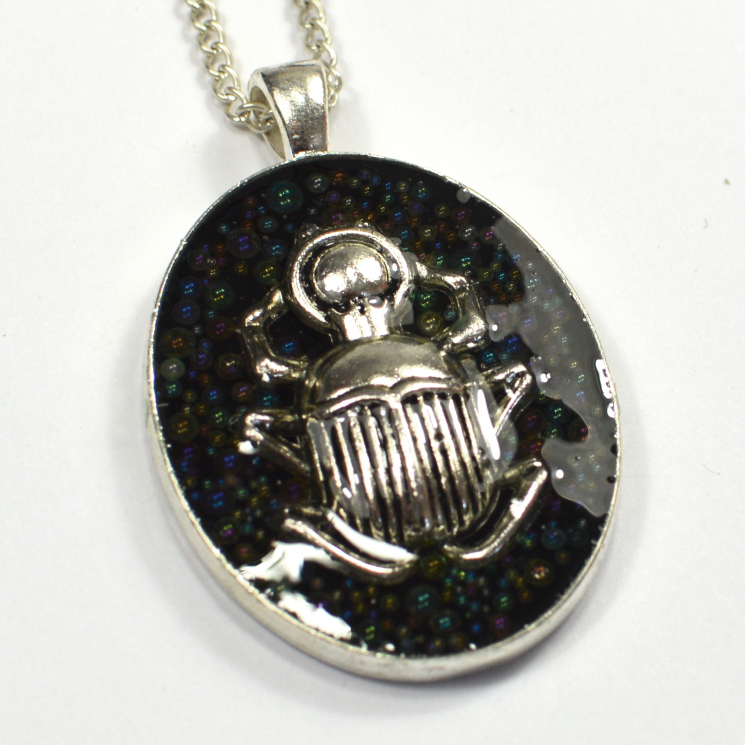 Scarab Egypt Silver Caviar Bead Iridescent Bubble Handmade Pendant