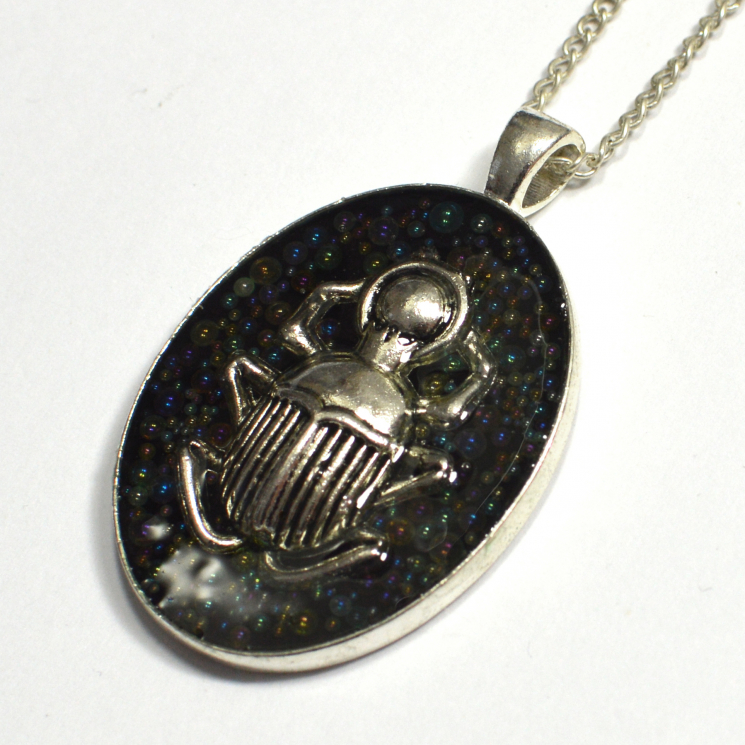 Scarab Egypt Silver Caviar Bead Iridescent Bubble Handmade Pendant