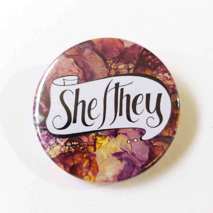 She-They Pronoun Badge Watermarble Hand Drawn