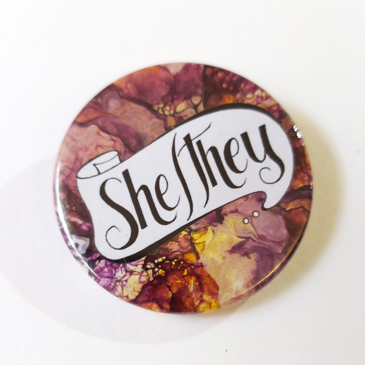She-They Pronoun Badge Watermarble Hand Drawn