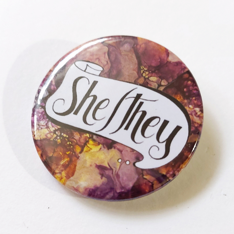 She-They Pronoun Badge Watermarble Hand Drawn