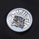 Pinback badge with banner reading "Wild Heart" and a snarling wolf